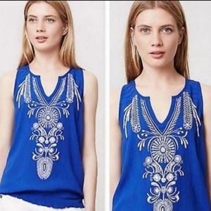 Anthropologie Lilka Sathya Embroidered Beaded Blouse Boho Sleeveless Blue Small